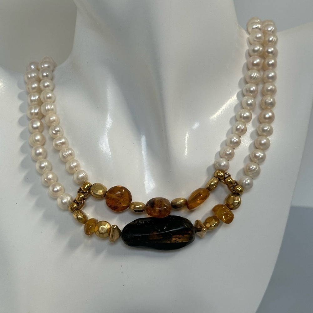 Chic Double-Strand Real Pearl And Gold Necklace